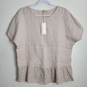 Spazio Chic Lagenlook Minimalist Neutral Oatmeal Pure Linen Top M‎
